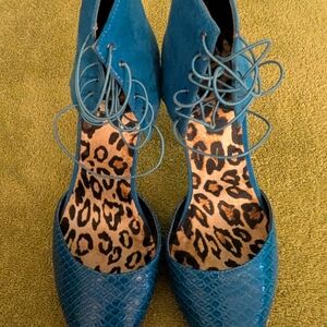 Kasia Chic Blue Lace-Up Heels with Leopard Print Inner Sole. 4 1/2 Inch Heel